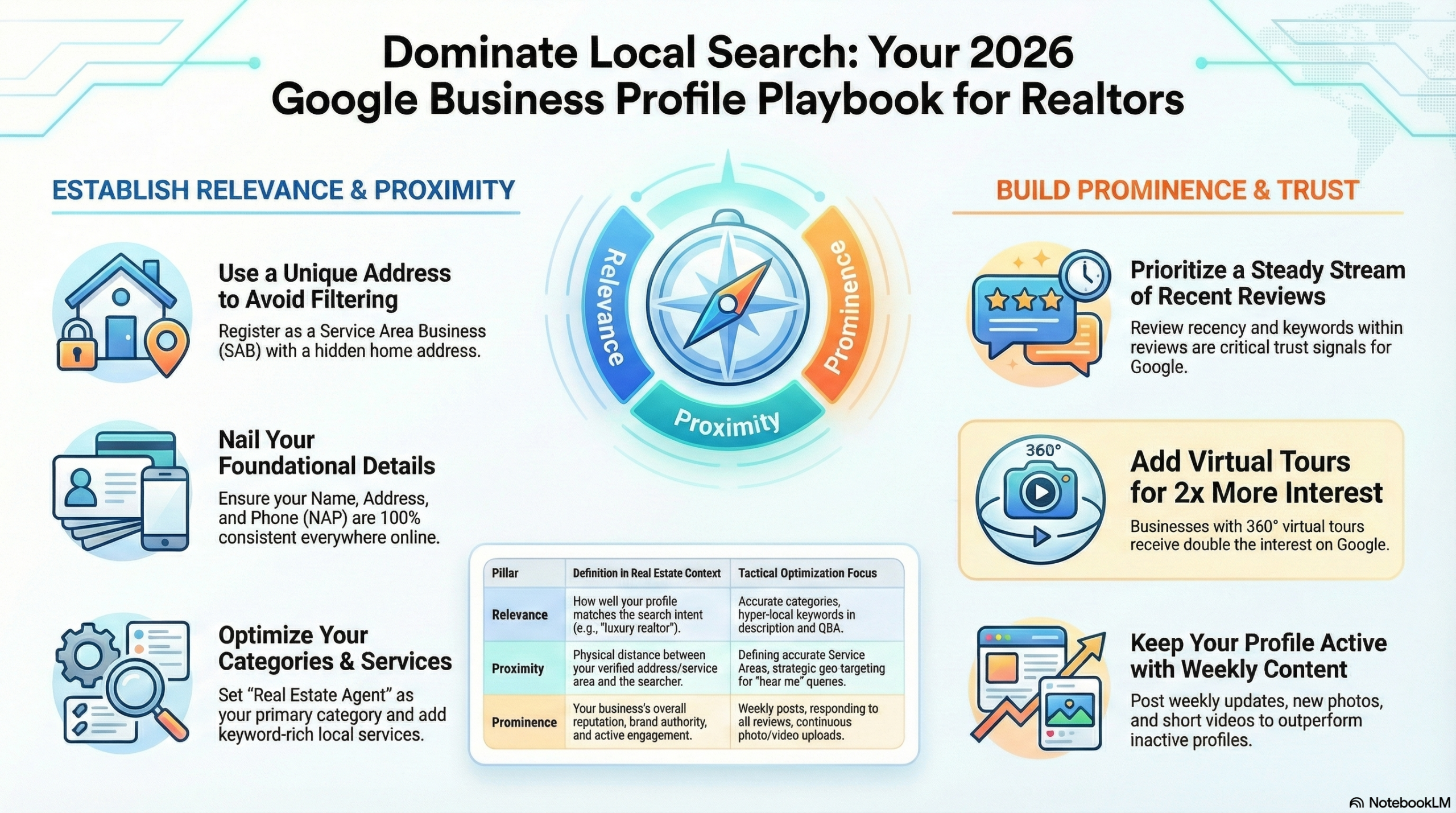 Infographic guide to Real Estate SEO strategies and Google Business Profile optimization.