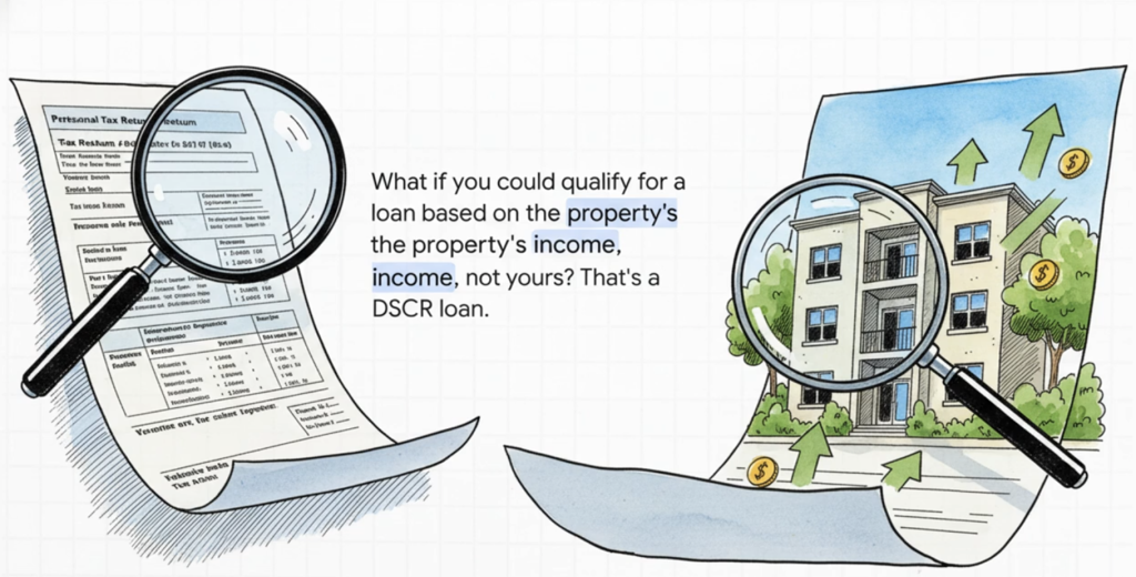 Real estate investor calculating DSCR ratio for rental property financing with calculator and property documents