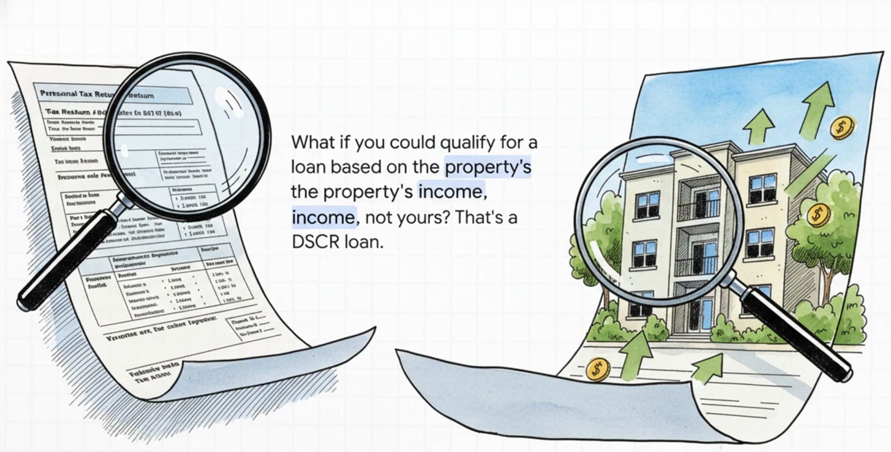Real estate investor calculating DSCR ratio for rental property financing with calculator and property documents