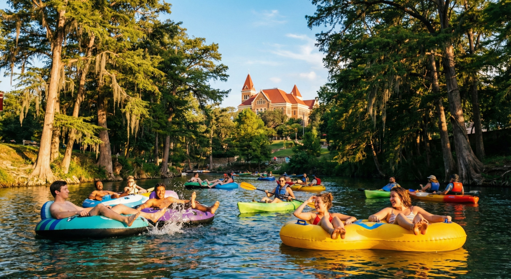 People tubing and kayaking on the river enjoying living in San Marcos Texas near Texas State University