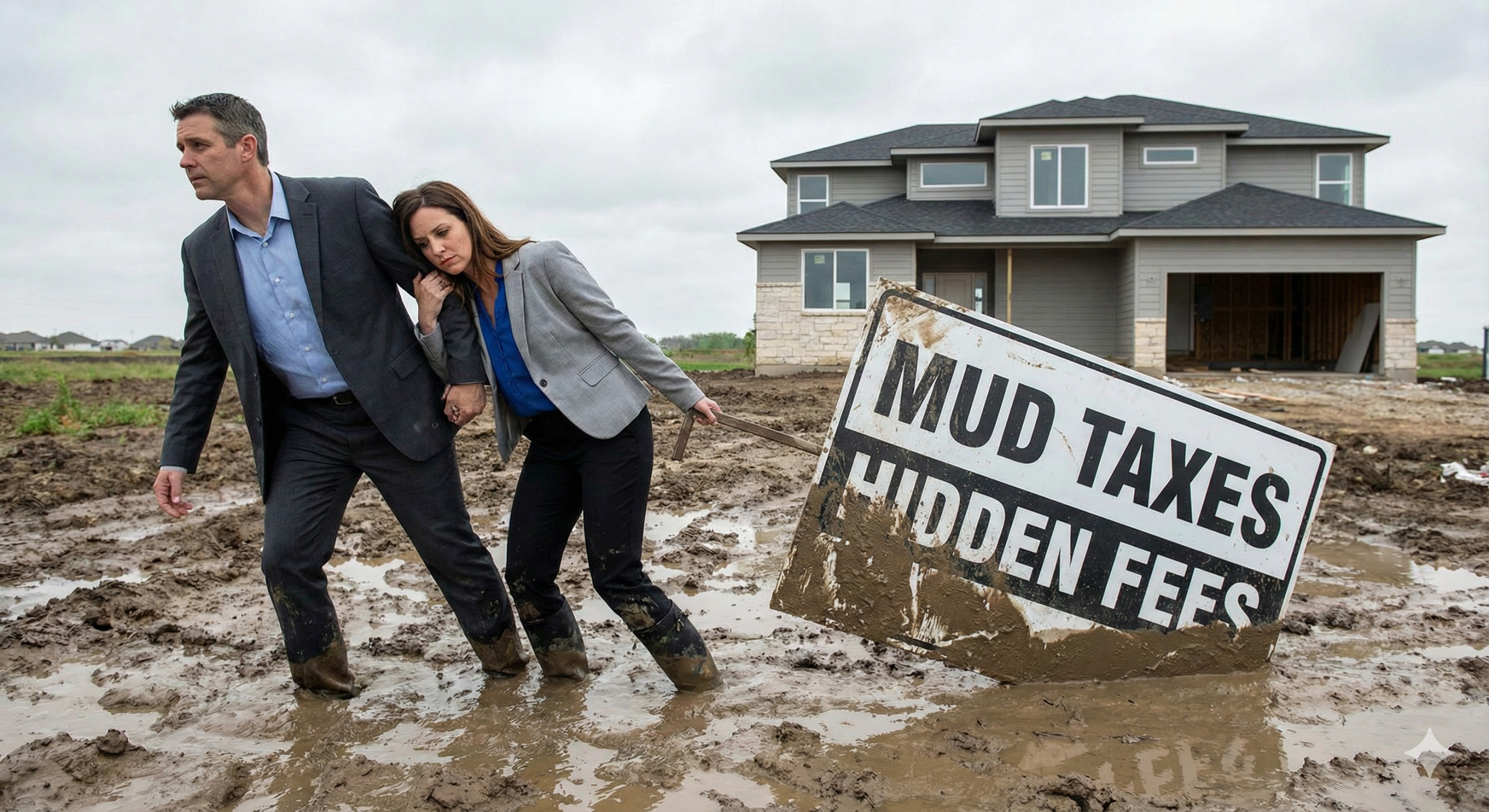 Couple struggling in mud with a sign reading MUD Taxes Hidden Fees in front of a Texas new construction home
