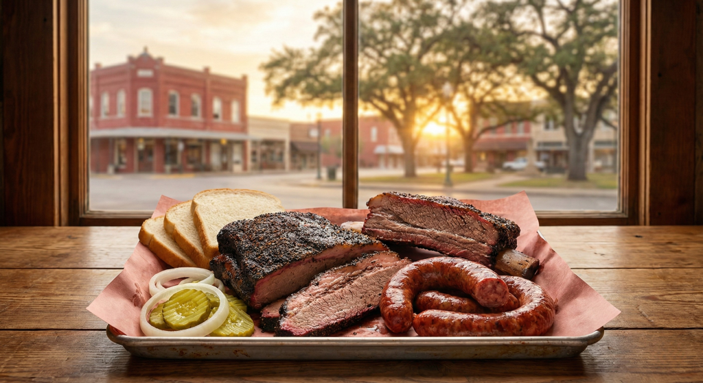 A tray of Texas BBQ brisket and sausage on a rustic table with the historic downtown square in the background, illustrating the lifestyle value of Seguin Texas real estate.