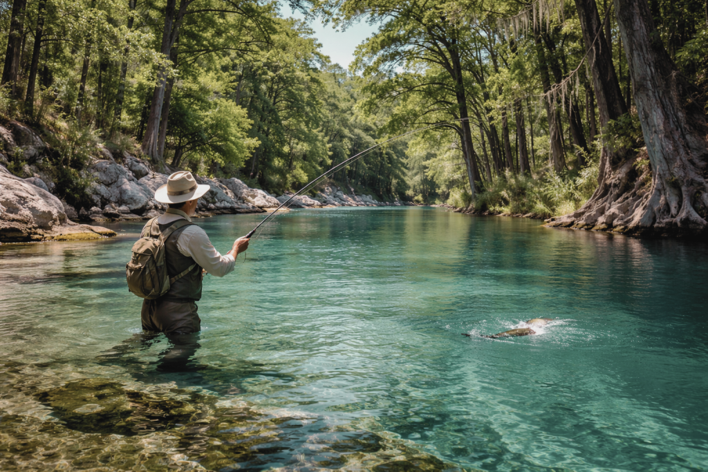 Fly fishing for trout in the clear, turquoise Guadalupe River living in the Texas Hill Country