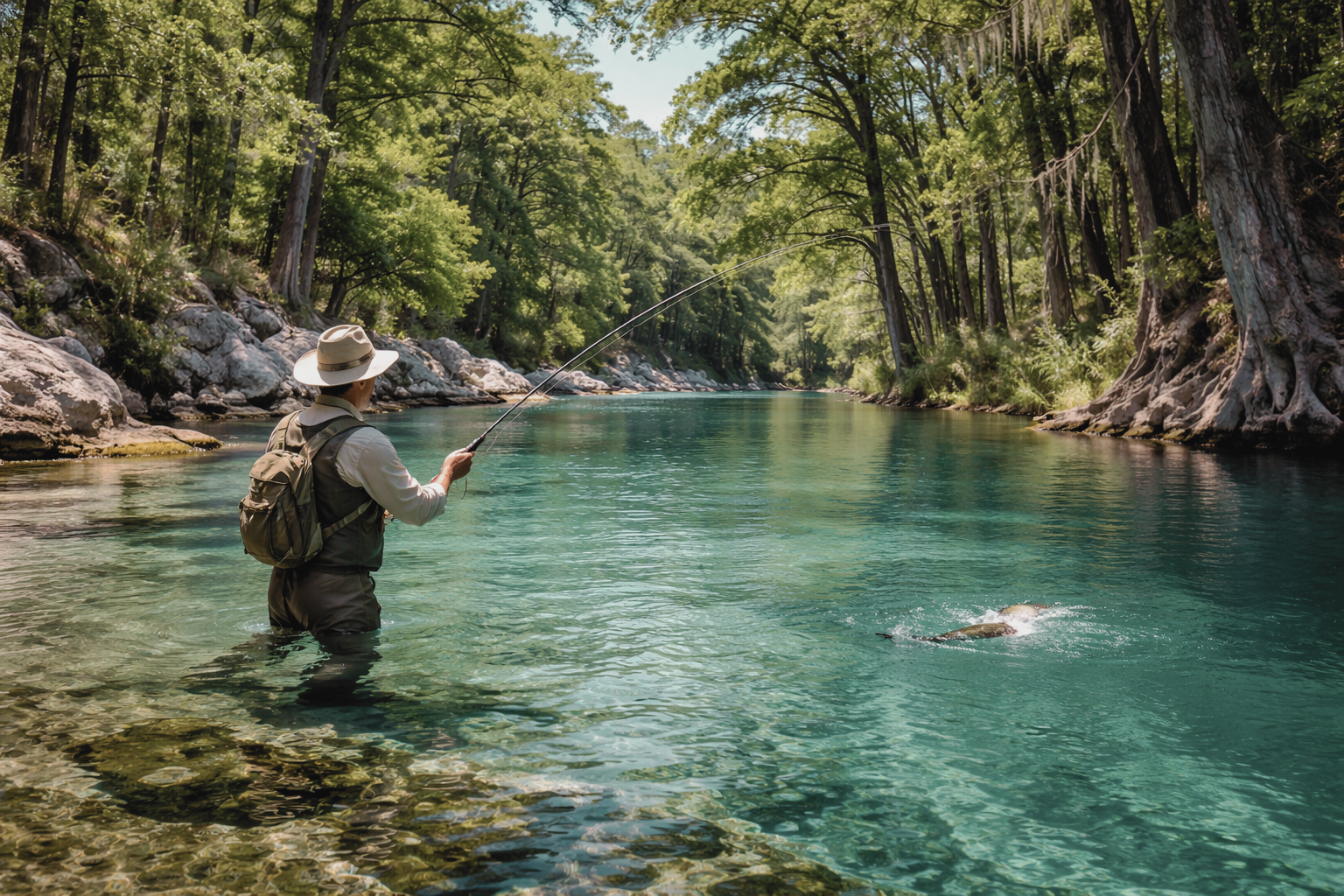 Fly fishing for trout in the clear, turquoise Guadalupe River living in the Texas Hill Country