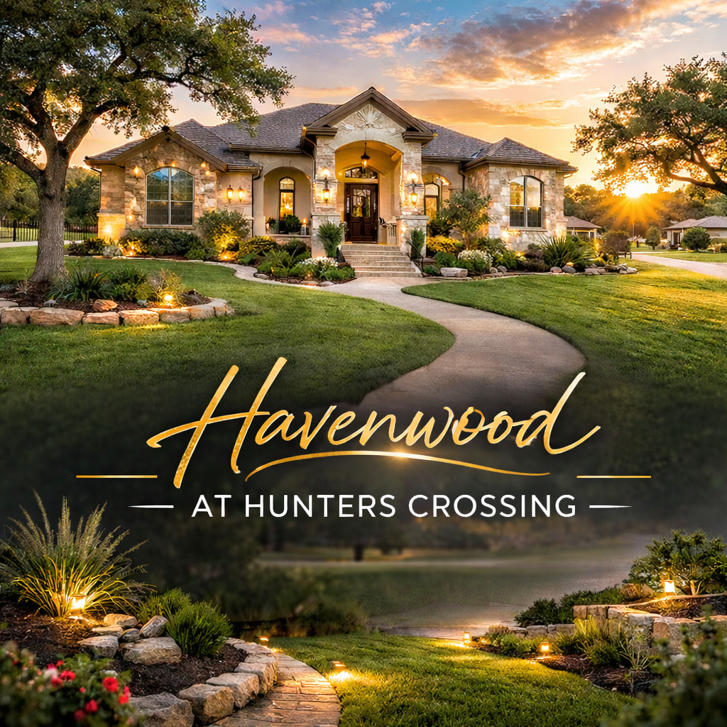 Luxury home in Havenwood New Braunfels TX 78132 with stone exterior and mature oak trees