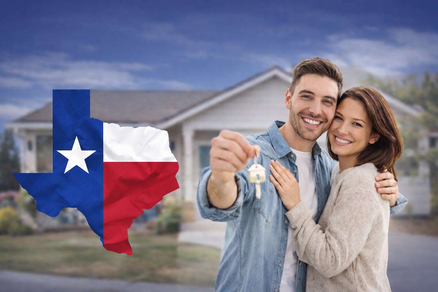 Happy Texas homebuyers holding keys in front of their new home representing Texas down payment assistance programs