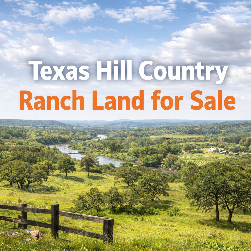 Texas Hill Country ranch land for sale guide showing rolling hills, river, and ranch acreage