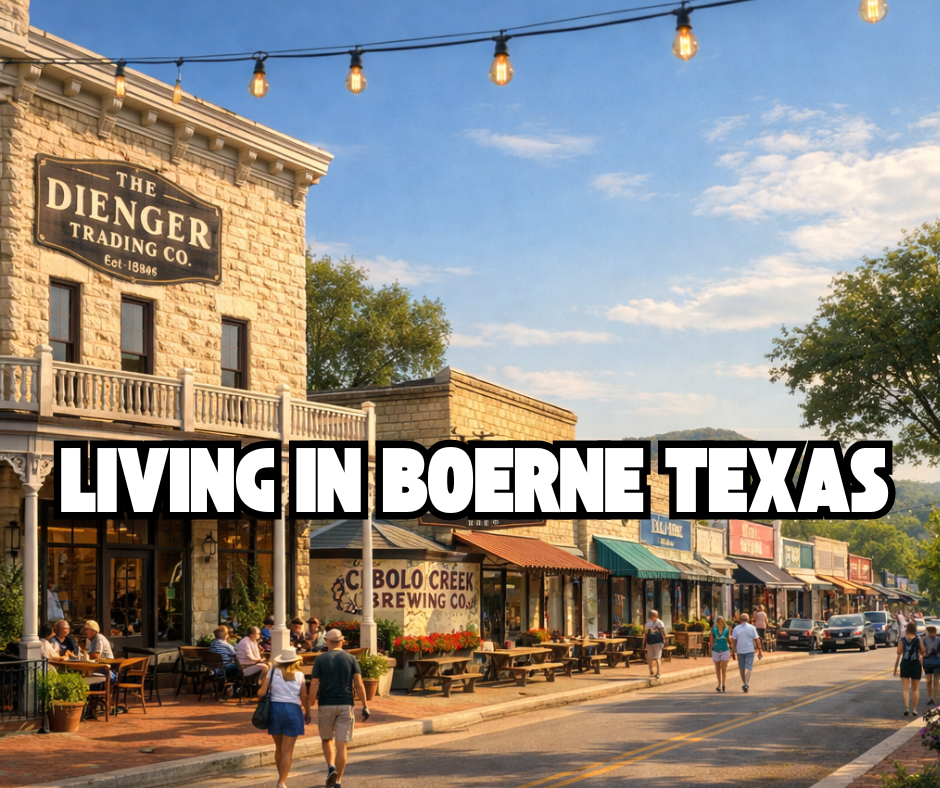 To optimize your image SEO, here is the updated Alt Text with your exact focus keyword: ### Optimal Alt Text (Copy and Paste) > A photo-realistic illustration of historic Main Street's Hill Country Mile, capturing the essence of **Living in Boerne Texas**. The 1884 Dienger Trading Co. building (est. 1884) is prominent on the left, and Cibolo Creek Brewing Co. is visible mid-block under a sunny Texas sky.