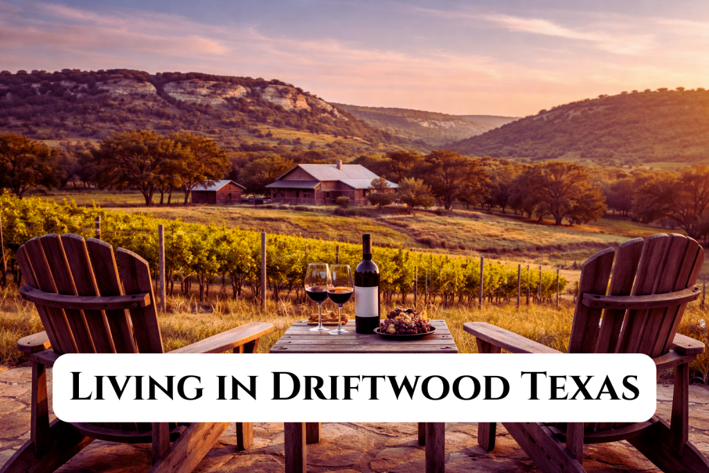 living in driftwood texas hill country vineyard view with adirondack chairs and wine at sunset