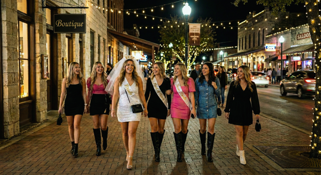 Downtown New Braunfels nightlife scene showing bachelorette tourism that fuels New Braunfels real estate investment and STR demand