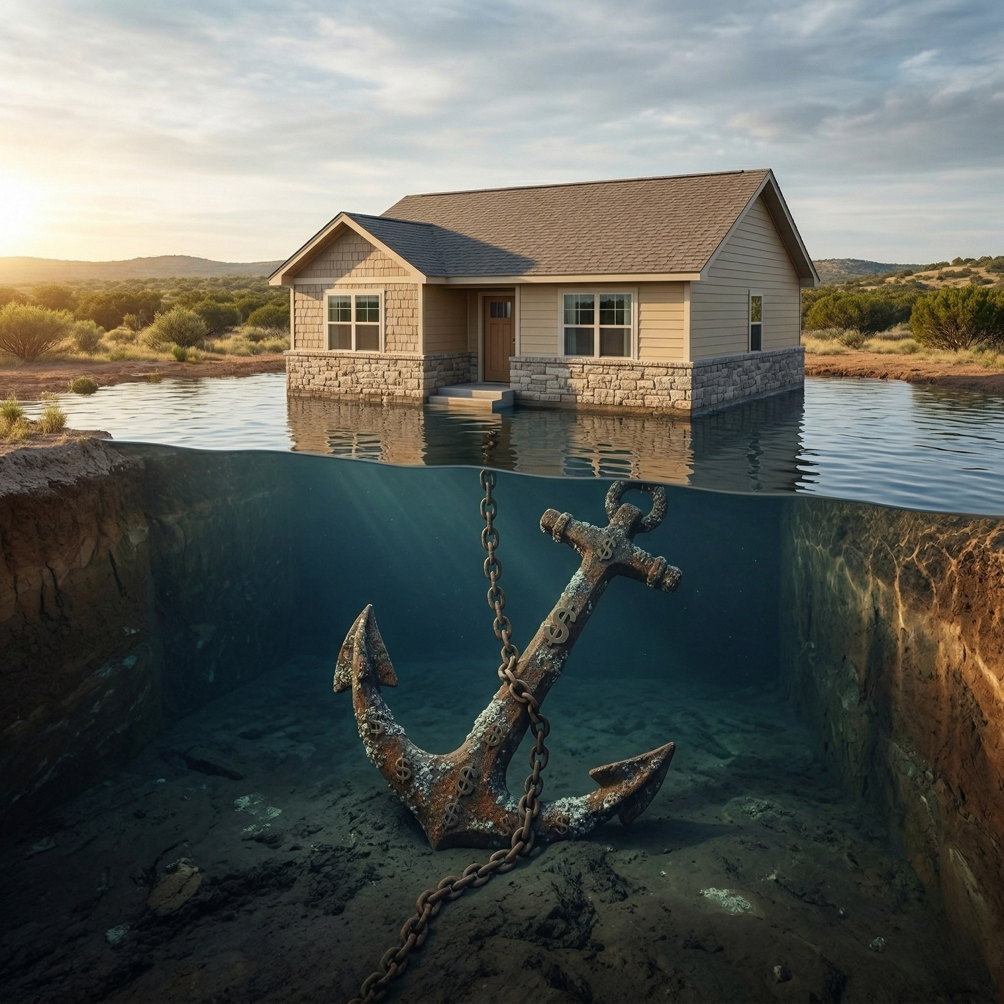 Starter home submerged in water representing the risks of builder financing traps in Central Texas new construction