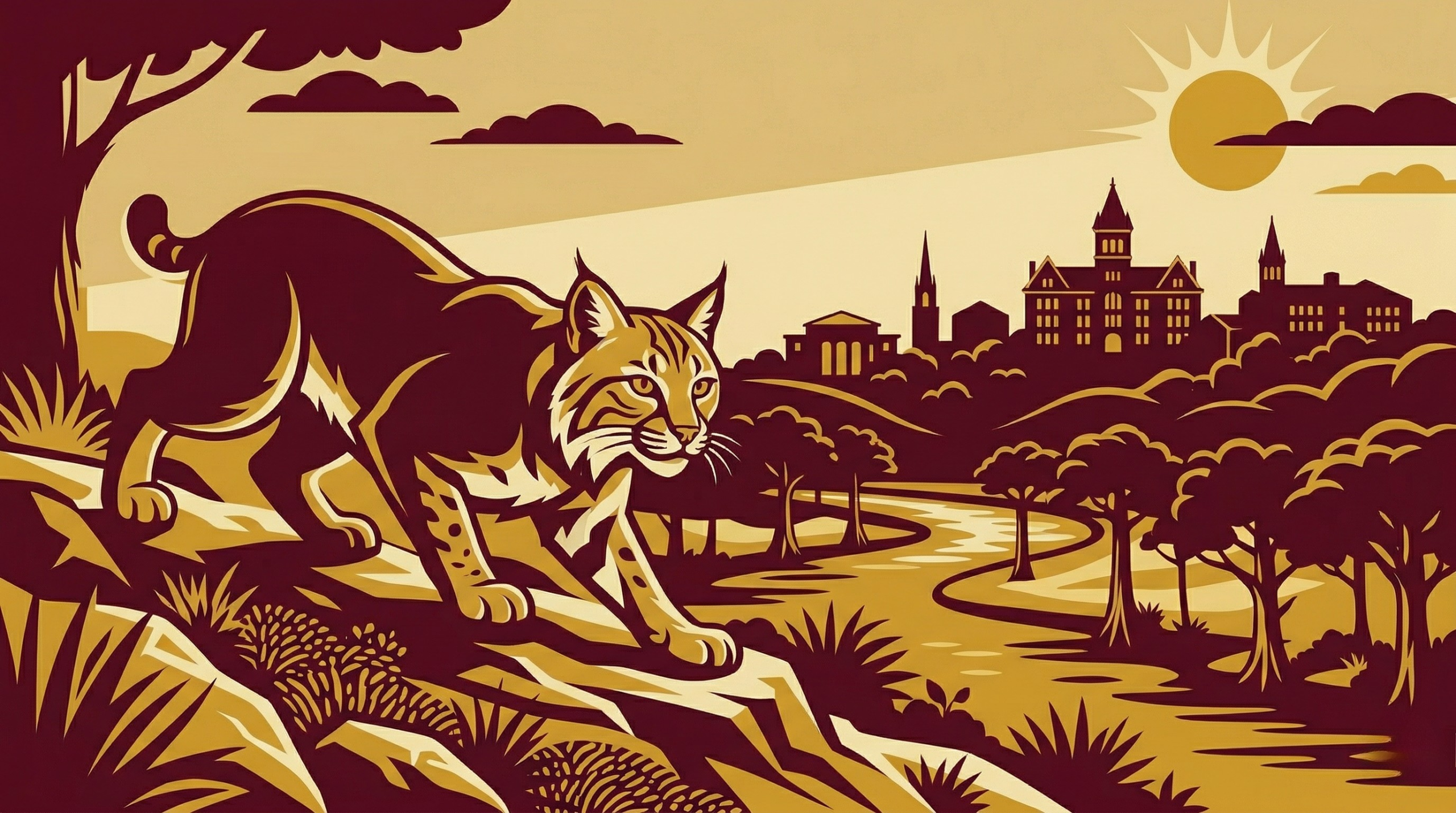 San Marcos Texas real estate market illustrated by a bobcat overlooking the San Marcos River corridor, Hill Country cypress trees, and university skyline