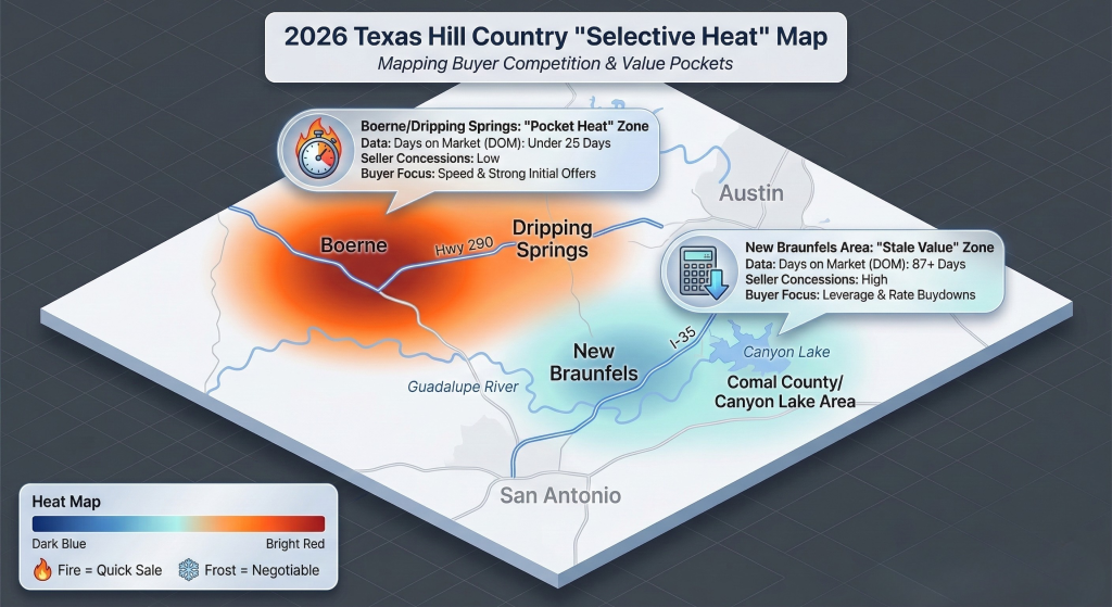 Heat map of the 2026 Texas Hill Country real estate market showing competitive zones in Boerne and value pockets in New Braunfels.