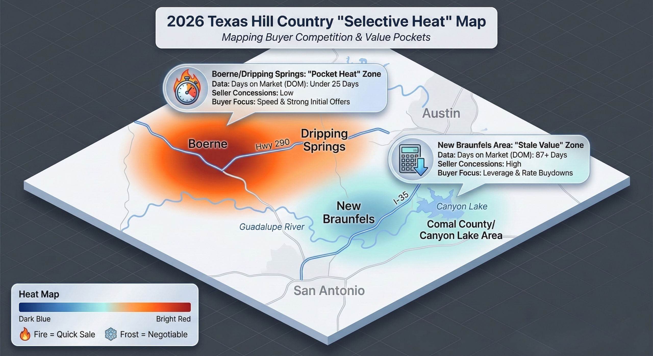 Heat map of the 2026 Texas Hill Country real estate market showing competitive zones in Boerne and value pockets in New Braunfels.
