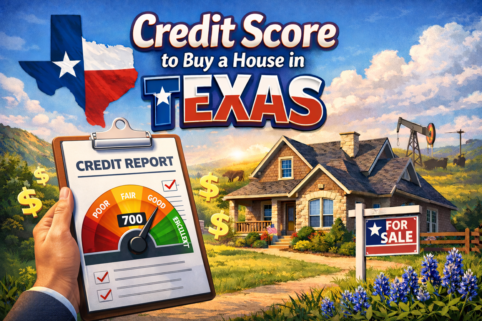 Credit score to buy a house in Texas — credit report with 700 score and Texas Hill Country home for sale