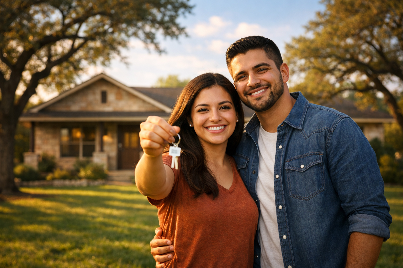 First-time homebuyer guide: happy couple holding house keys in front of their new Texas stone home