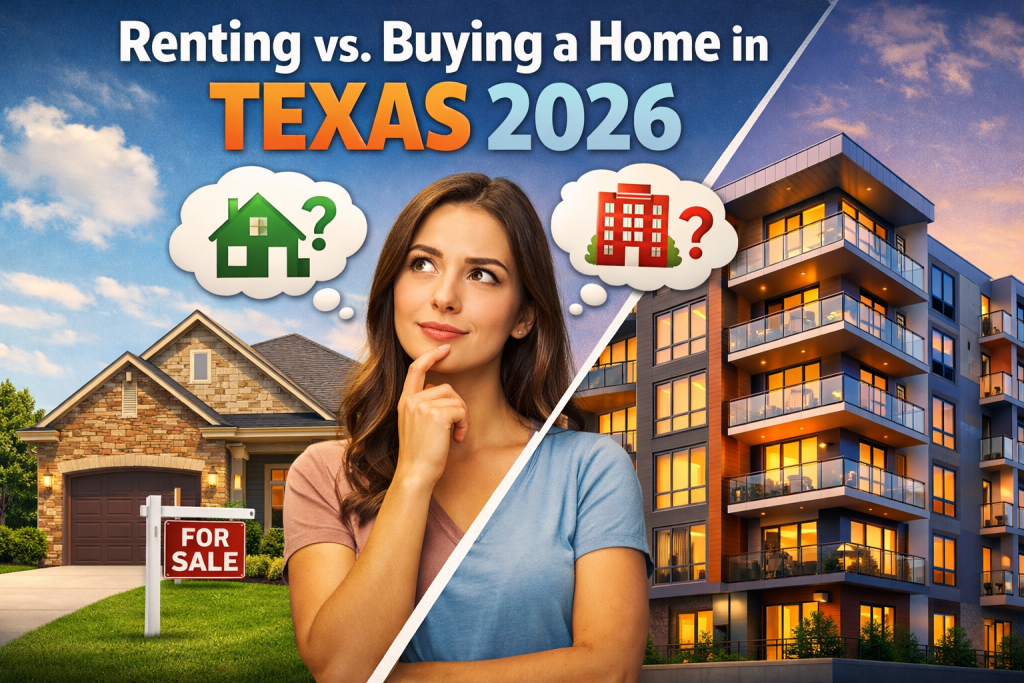 Renting vs buying a home in Texas 2026 - woman weighing rent or buy decision with house and apartment building