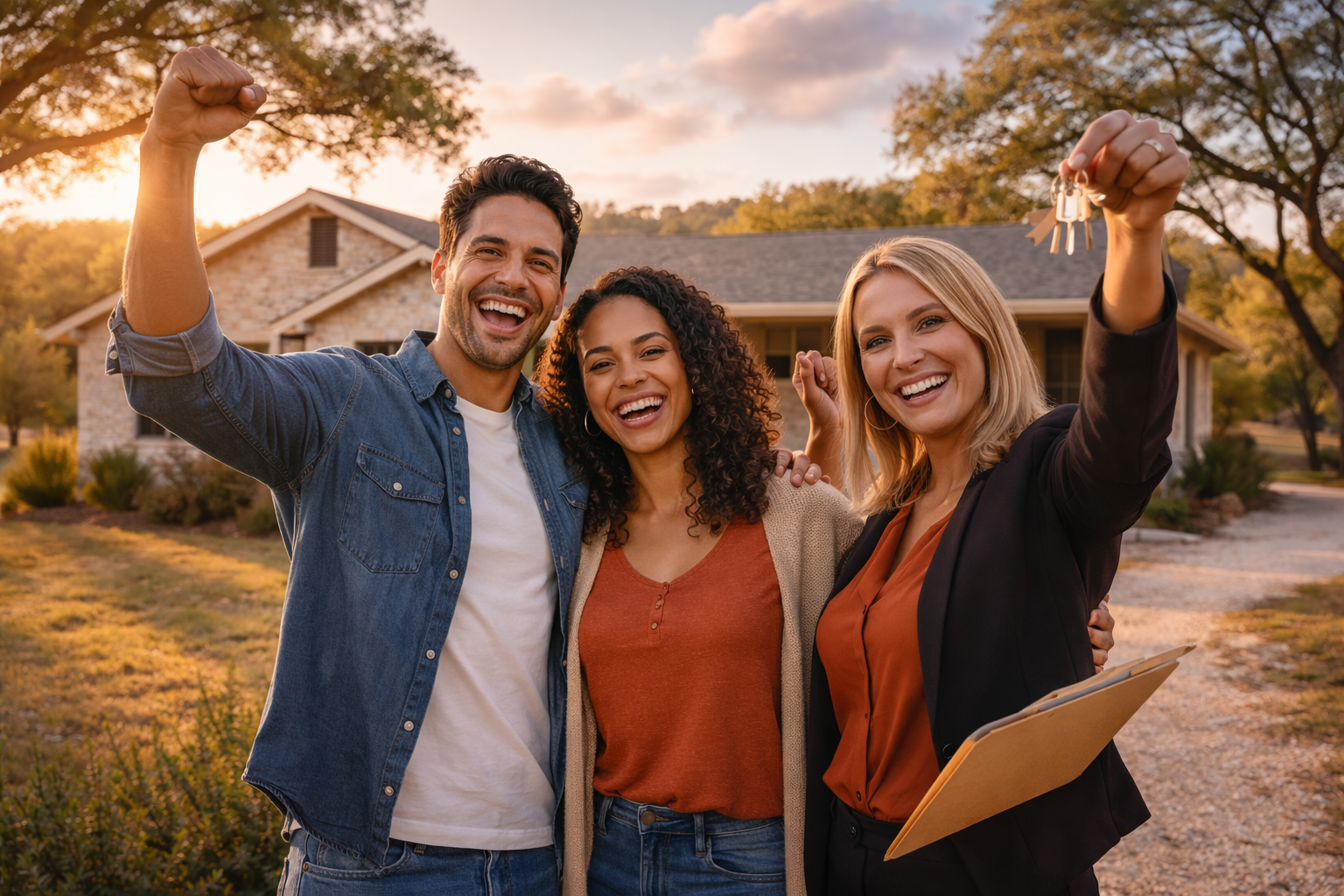 USDA Loan Central Texas — happy homebuyers holding keys in front of their new Central Texas home