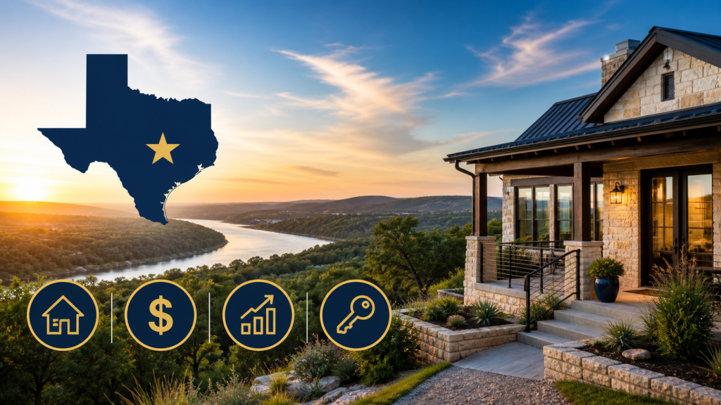 Is now a good time to buy in Texas Hill Country — scenic Hill Country home overlooking a river at sunset representing the 2026 housing market opportunity